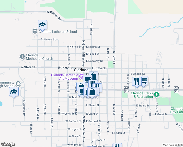 map of restaurants, bars, coffee shops, grocery stores, and more near 198 E Lincoln St in Clarinda