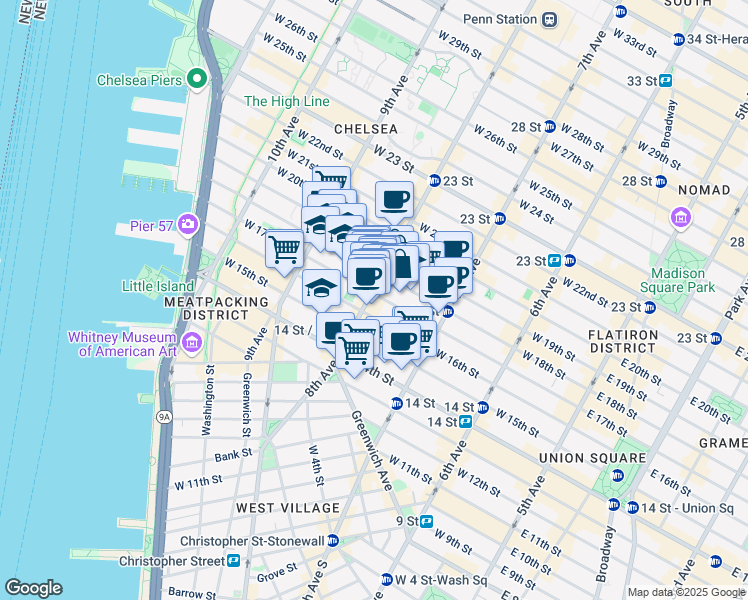 map of restaurants, bars, coffee shops, grocery stores, and more near 146-150 8th Avenue in New York