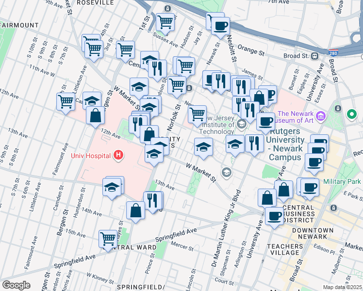 map of restaurants, bars, coffee shops, grocery stores, and more near 51 Marrow Street in Newark
