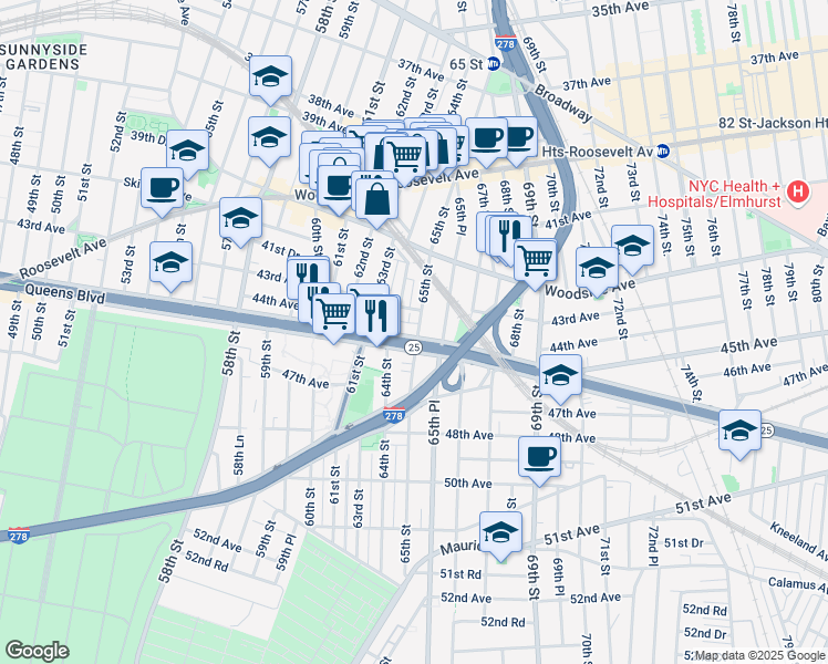 map of restaurants, bars, coffee shops, grocery stores, and more near 43-16 65th Street in Queens