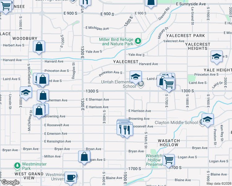 map of restaurants, bars, coffee shops, grocery stores, and more near 1456 East 1300 South in Salt Lake City