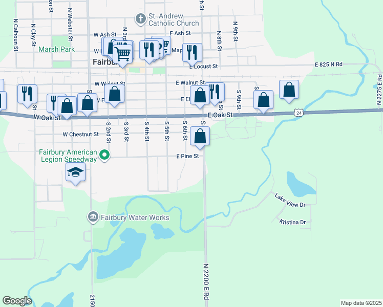 map of restaurants, bars, coffee shops, grocery stores, and more near 519 South 6th Street in Fairbury