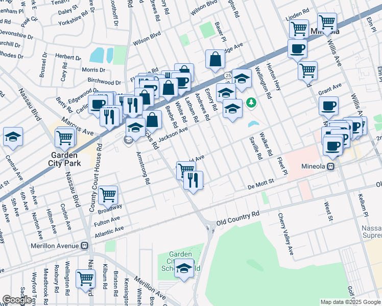 map of restaurants, bars, coffee shops, grocery stores, and more near 185 Beebe Road in Mineola