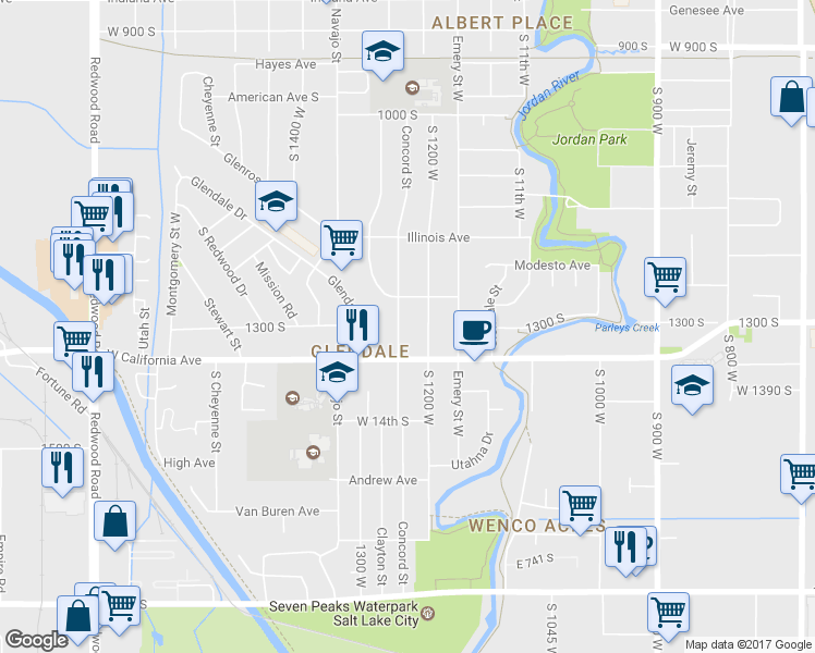 map of restaurants, bars, coffee shops, grocery stores, and more near 1265 Concord Street in Salt Lake City