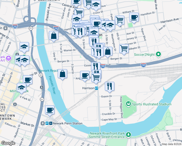 map of restaurants, bars, coffee shops, grocery stores, and more near 311-331 Burlington Avenue in Harrison