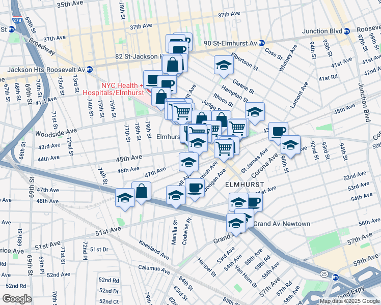 map of restaurants, bars, coffee shops, grocery stores, and more near 8052 47th Avenue in Queens
