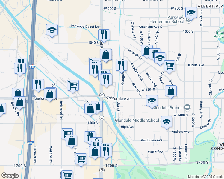 map of restaurants, bars, coffee shops, grocery stores, and more near 1298 Utah Street in Salt Lake City