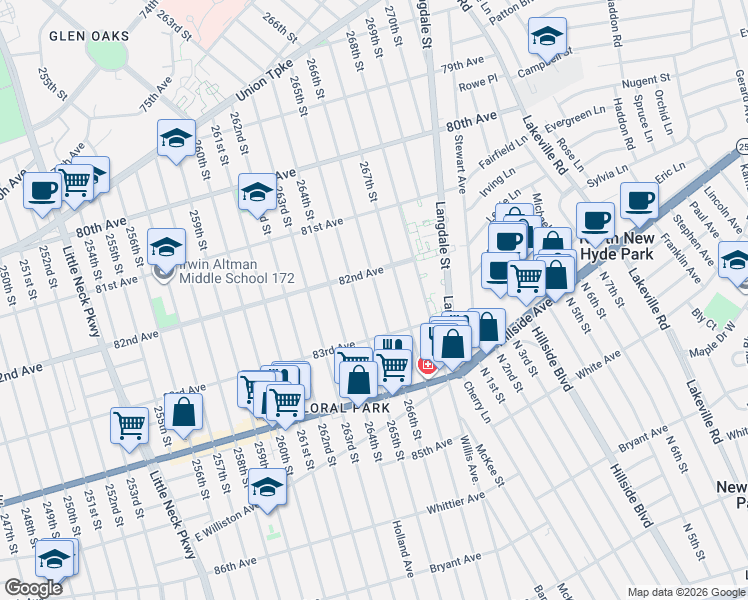 map of restaurants, bars, coffee shops, grocery stores, and more near 82-30 266th Street in Queens