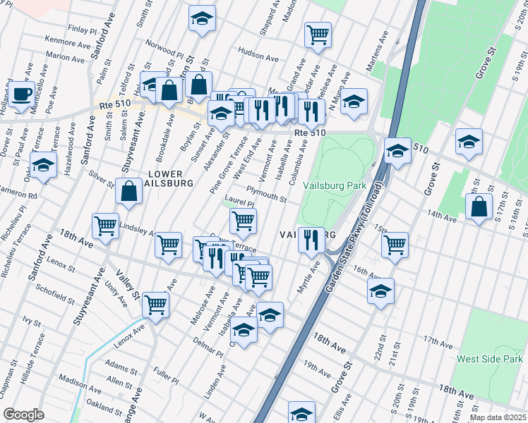 map of restaurants, bars, coffee shops, grocery stores, and more near 105 Isabella Avenue in Newark