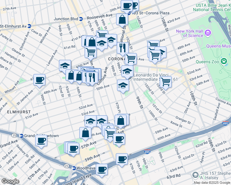 map of restaurants, bars, coffee shops, grocery stores, and more near 50-25 97th Place in Queens