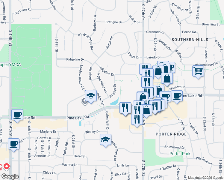 map of restaurants, bars, coffee shops, grocery stores, and more near 6741 S Ridge Dr in Lincoln