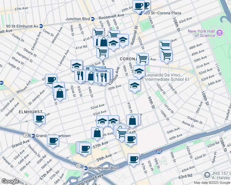 map of restaurants, bars, coffee shops, grocery stores, and more near 50-16 97th Street in Queens