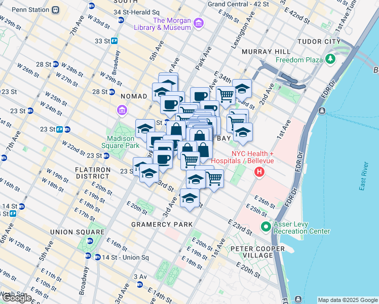 map of restaurants, bars, coffee shops, grocery stores, and more near 150 E 27th St in New York