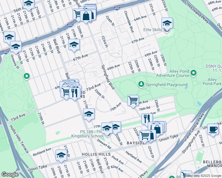 map of restaurants, bars, coffee shops, grocery stores, and more near 73-18 Springfield Boulevard in Queens