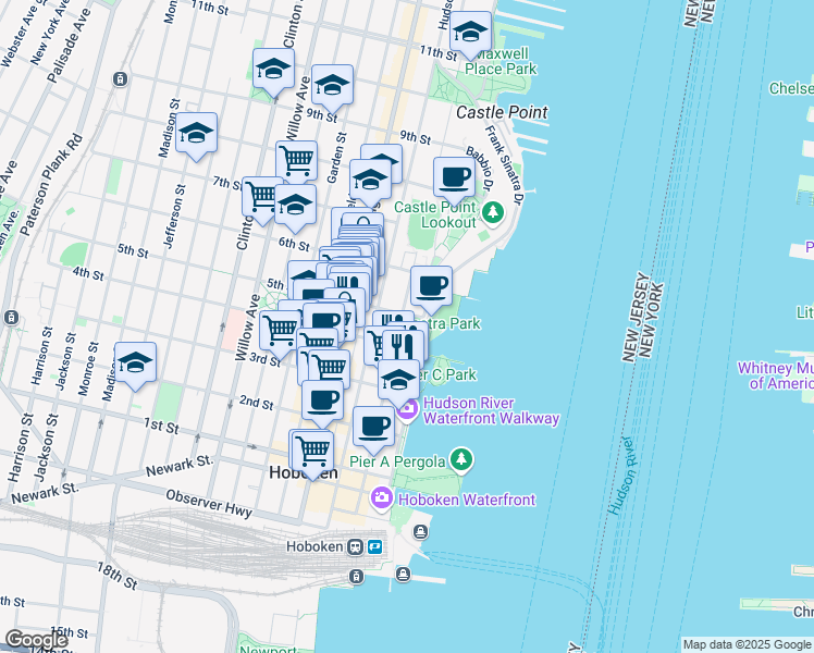 map of restaurants, bars, coffee shops, grocery stores, and more near 401 Hudson Street in Hoboken