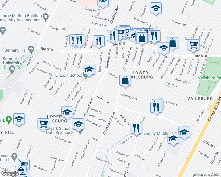 map of restaurants, bars, coffee shops, grocery stores, and more near 39 Mead Street in Newark