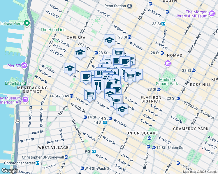 map of restaurants, bars, coffee shops, grocery stores, and more near in New York