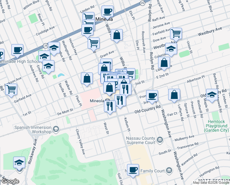 map of restaurants, bars, coffee shops, grocery stores, and more near 199 2nd Street in Mineola
