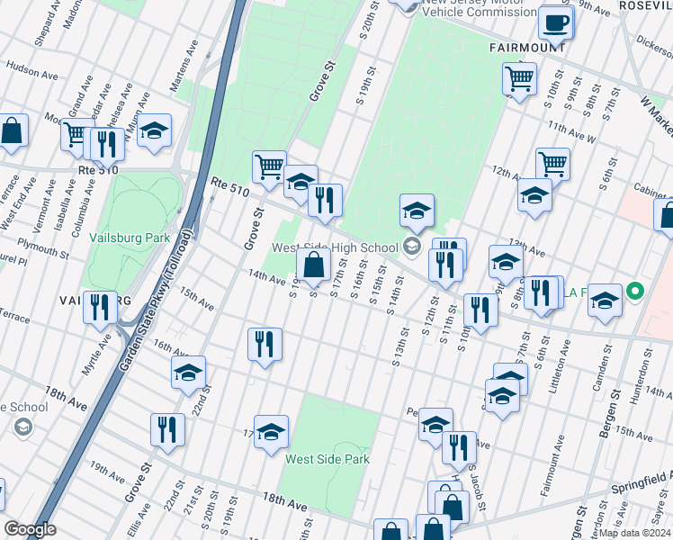 map of restaurants, bars, coffee shops, grocery stores, and more near 435 South 17th Street in Newark