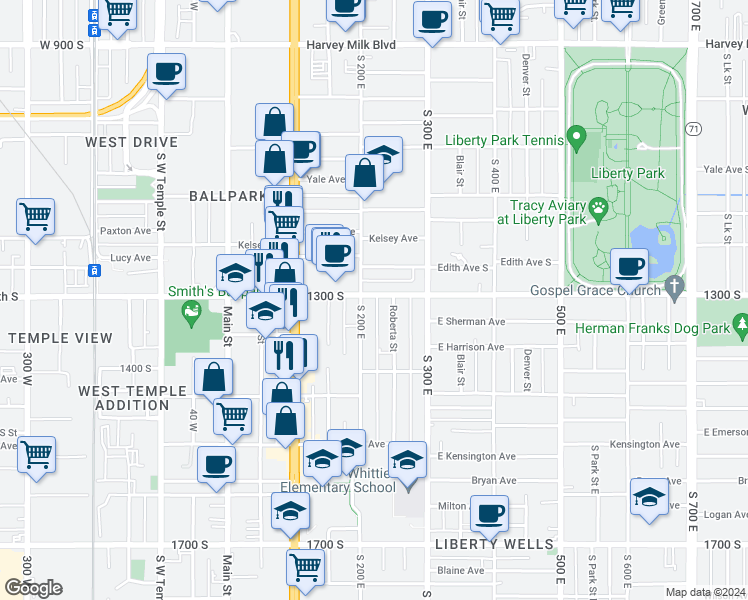 map of restaurants, bars, coffee shops, grocery stores, and more near 216 East 1300 South in Salt Lake City