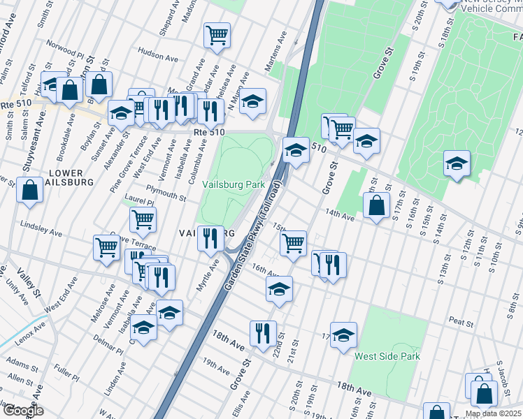 map of restaurants, bars, coffee shops, grocery stores, and more near 66 South Devine Street in Newark
