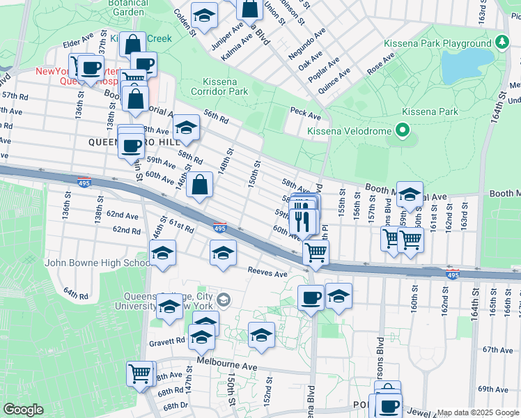 map of restaurants, bars, coffee shops, grocery stores, and more near 150-26 59th Avenue in Queens
