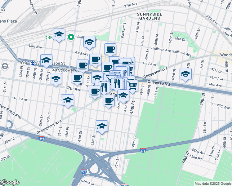 map of restaurants, bars, coffee shops, grocery stores, and more near 44-22 Greenpoint Avenue in Queens
