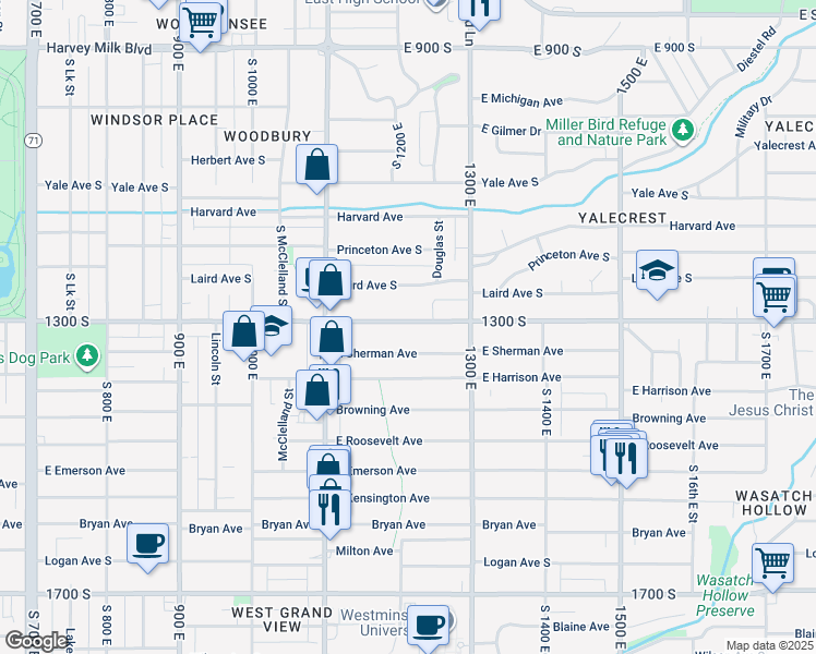 map of restaurants, bars, coffee shops, grocery stores, and more near 1216 East 1300 South in Salt Lake City