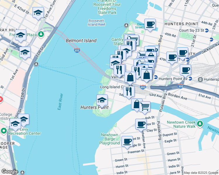 map of restaurants, bars, coffee shops, grocery stores, and more near 41 Center Boulevard in Queens
