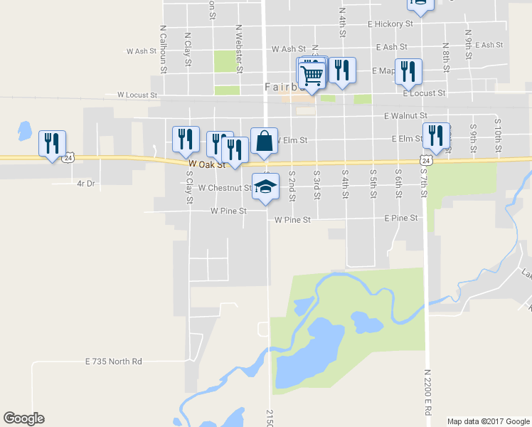 map of restaurants, bars, coffee shops, grocery stores, and more near 307 West Pine Street in Fairbury