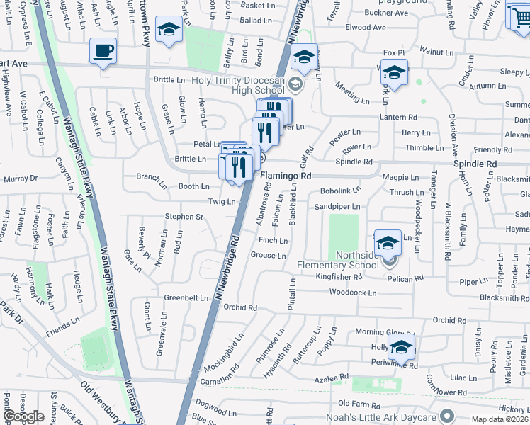 map of restaurants, bars, coffee shops, grocery stores, and more near 29 Albatross Road in Levittown