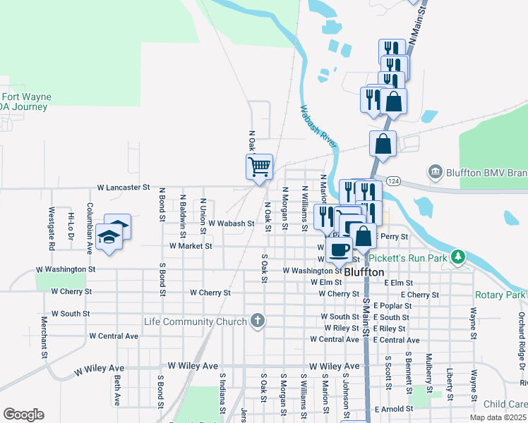map of restaurants, bars, coffee shops, grocery stores, and more near 218 North Oak Street in Bluffton