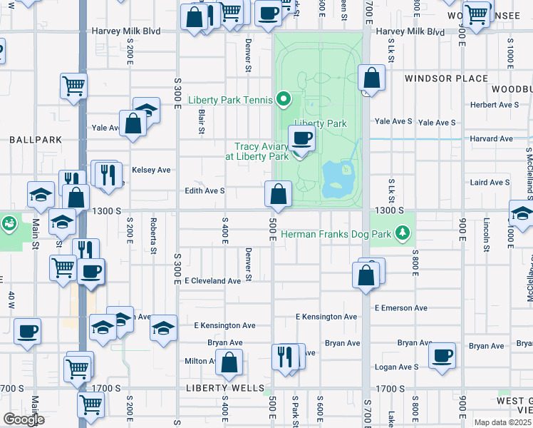 map of restaurants, bars, coffee shops, grocery stores, and more near 464 East 1300 South in Salt Lake City