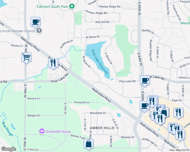 map of restaurants, bars, coffee shops, grocery stores, and more near 6611 West Shore Drive in Lincoln