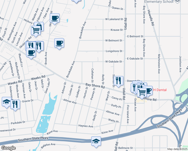 map of restaurants, bars, coffee shops, grocery stores, and more near 1063 Callahan Street in Bay Shore