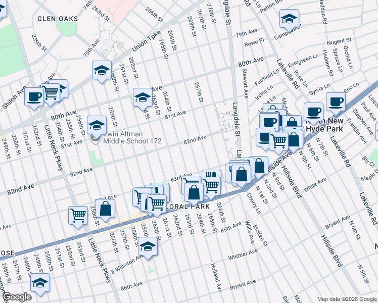 map of restaurants, bars, coffee shops, grocery stores, and more near 82-17 264th Street in Queens