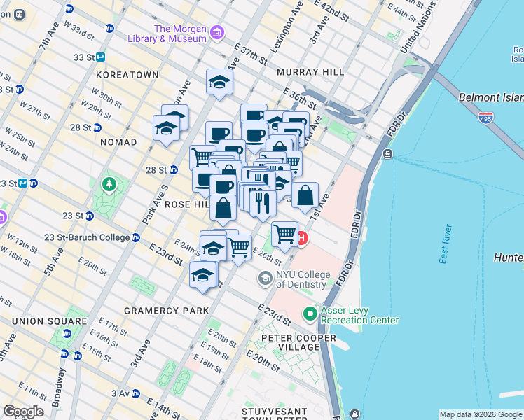 map of restaurants, bars, coffee shops, grocery stores, and more near in New York
