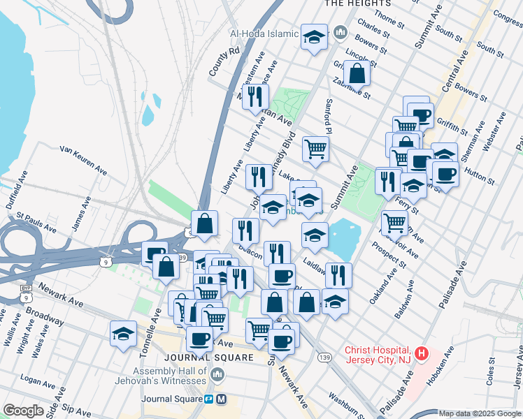 map of restaurants, bars, coffee shops, grocery stores, and more near 101 Collard Street in Jersey City