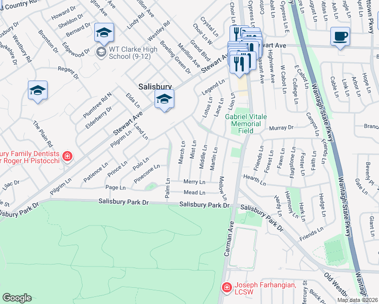 map of restaurants, bars, coffee shops, grocery stores, and more near 40 Mist Lane in Westbury