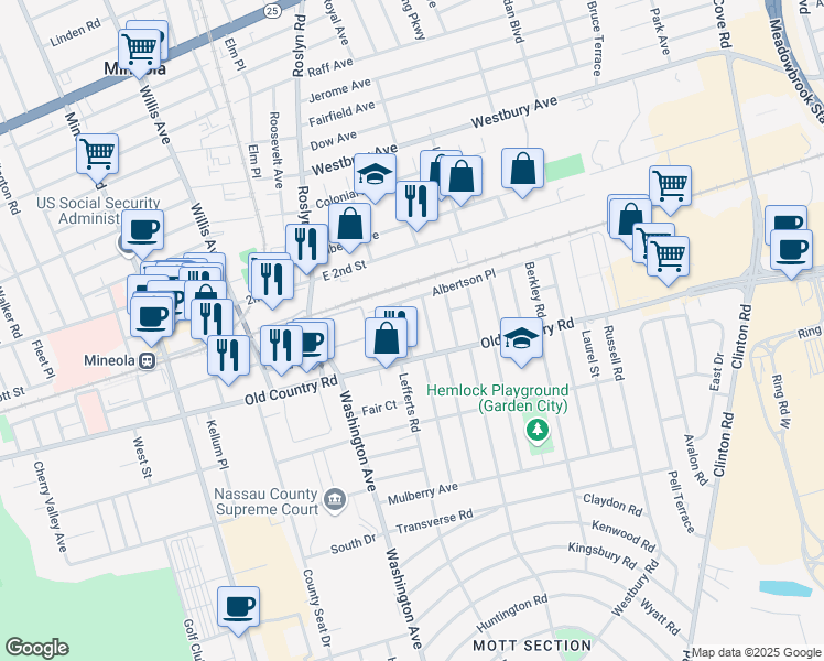 map of restaurants, bars, coffee shops, grocery stores, and more near 28 Juniper Avenue in Mineola