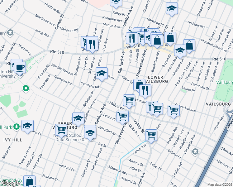 map of restaurants, bars, coffee shops, grocery stores, and more near 588 Sanford Avenue in Newark
