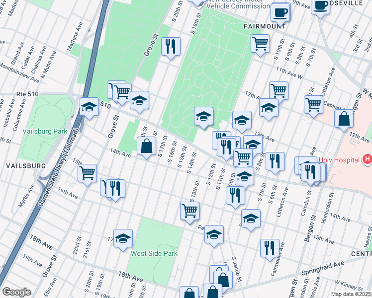 map of restaurants, bars, coffee shops, grocery stores, and more near 398 South 15th Street in Newark