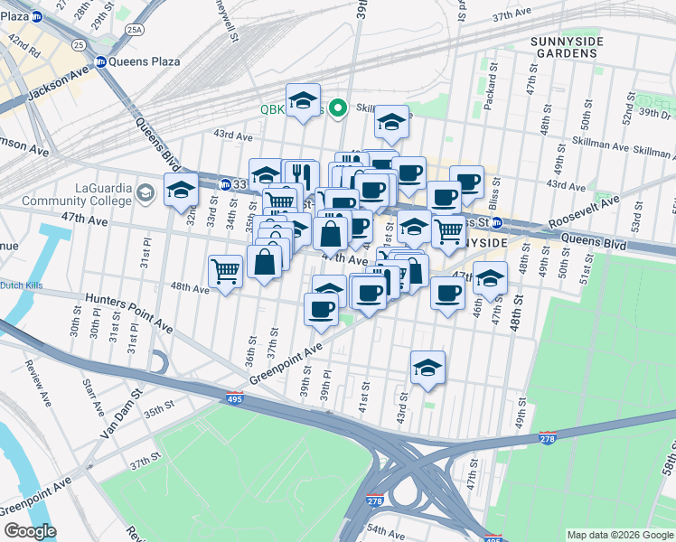 map of restaurants, bars, coffee shops, grocery stores, and more near 47-14 39th Place in Queens