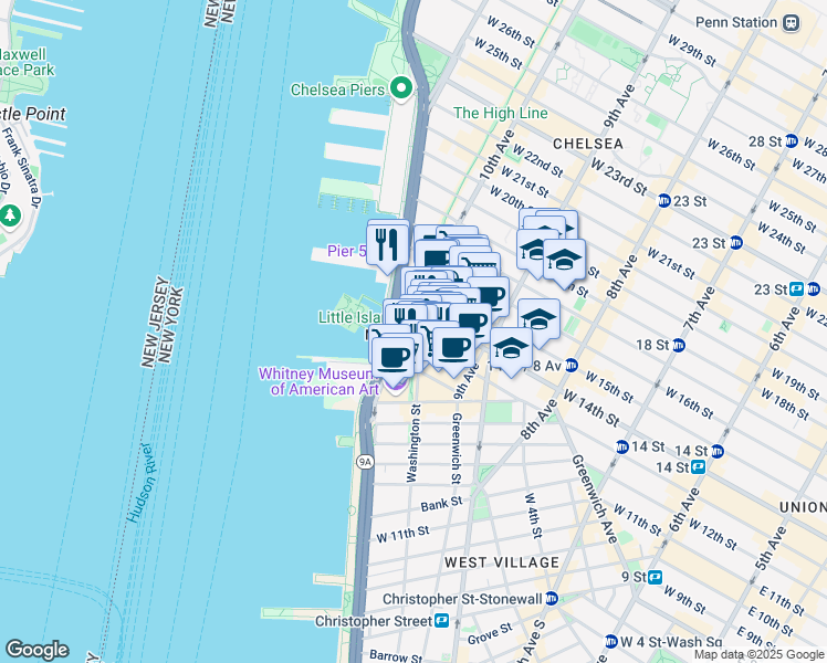 map of restaurants, bars, coffee shops, grocery stores, and more near 40 10th Avenue in New York