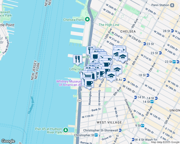 map of restaurants, bars, coffee shops, grocery stores, and more near 40 10th Avenue in New York