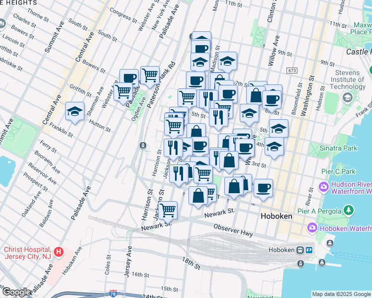 map of restaurants, bars, coffee shops, grocery stores, and more near 235 Monroe Street in Hoboken