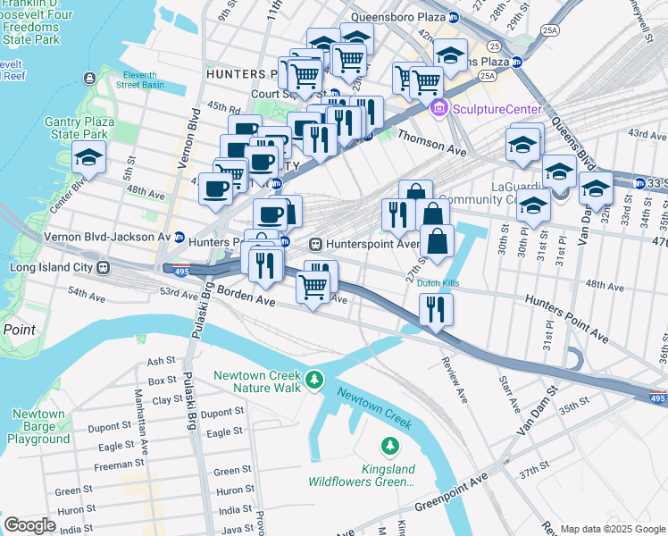 map of restaurants, bars, coffee shops, grocery stores, and more near 24-02 49th Avenue in Queens