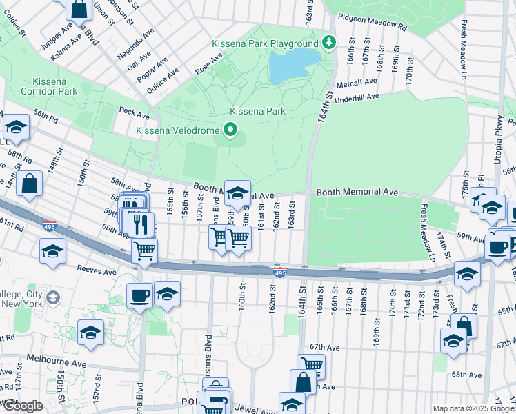 map of restaurants, bars, coffee shops, grocery stores, and more near 57-18 161 Street in Queens