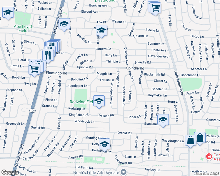 map of restaurants, bars, coffee shops, grocery stores, and more near 38 Redpoll Lane in Levittown