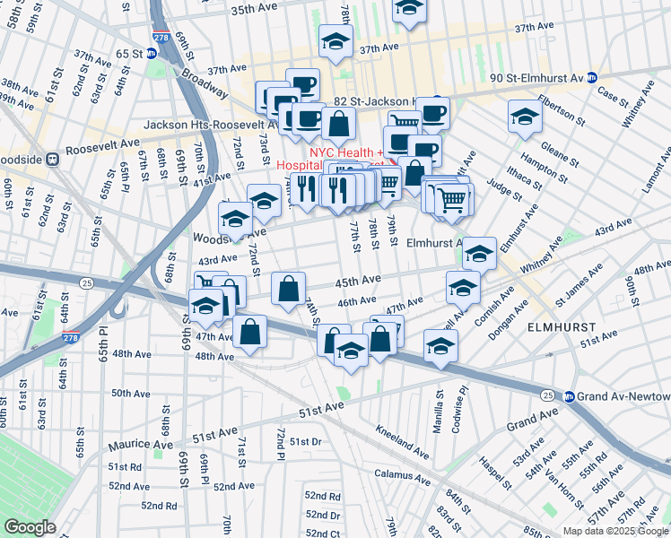 map of restaurants, bars, coffee shops, grocery stores, and more near 44-06 76th Street in Queens